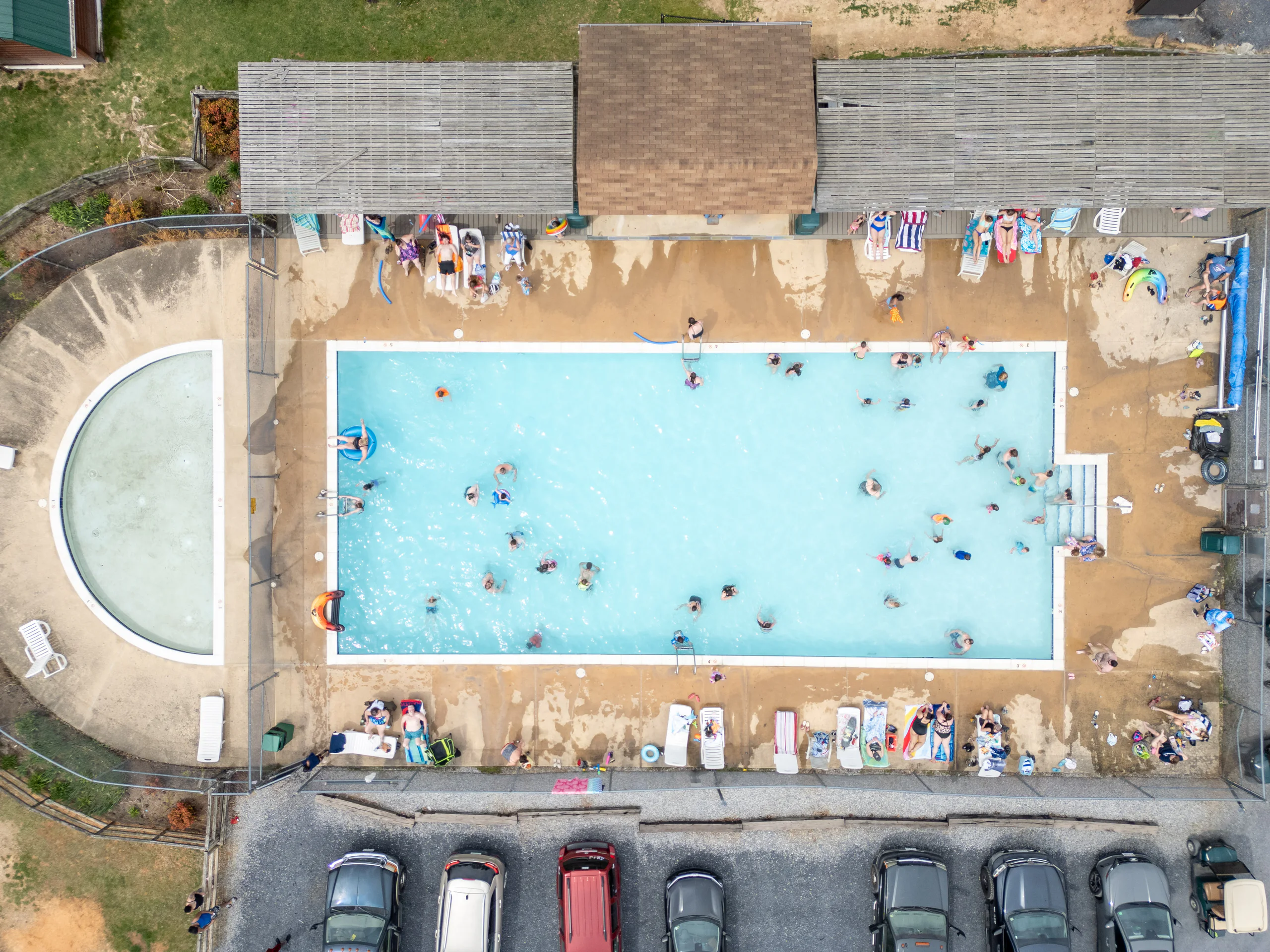 Aerial view of the heated pool full of swimmers