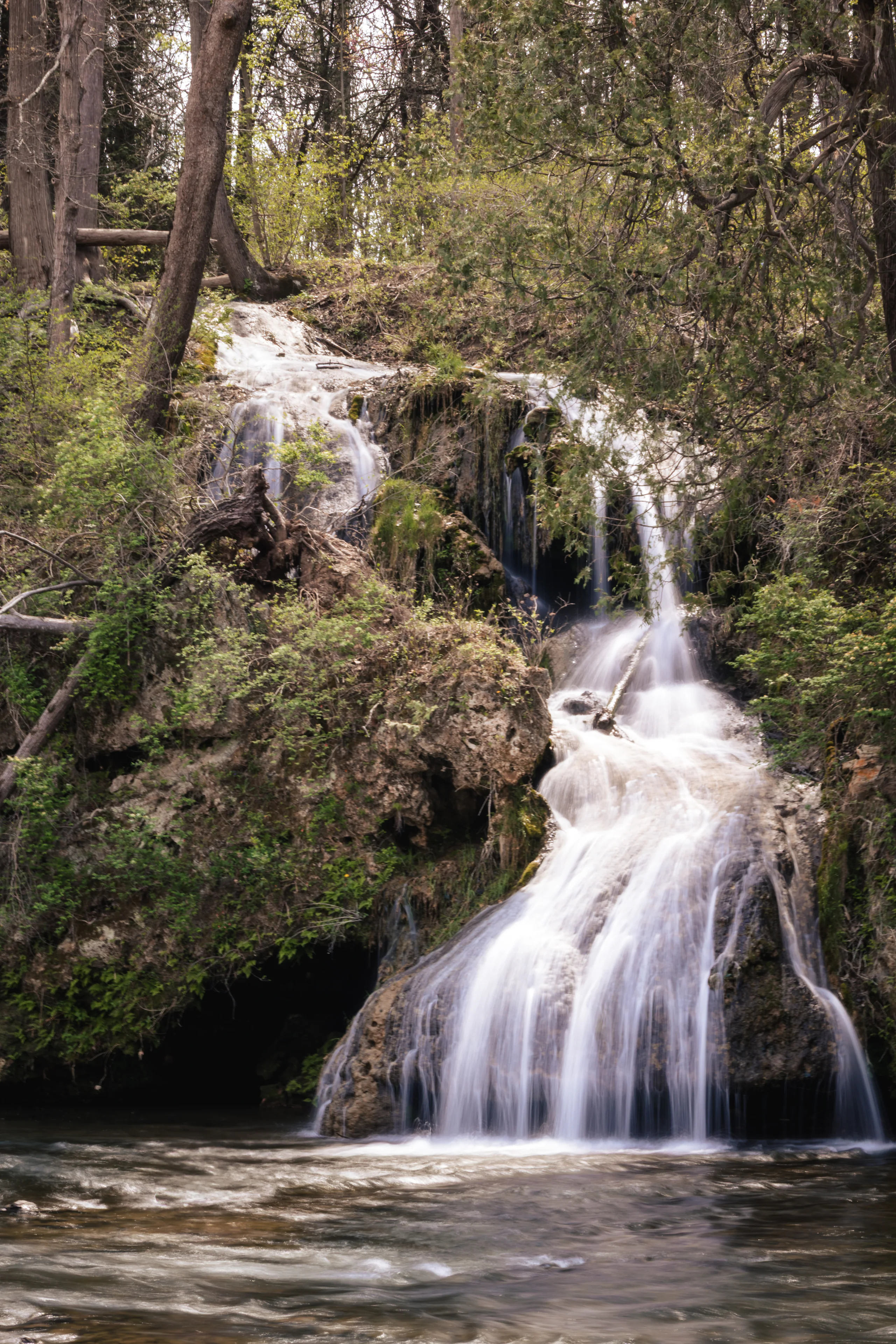 The private waterfall tumbling down a mossy rock face