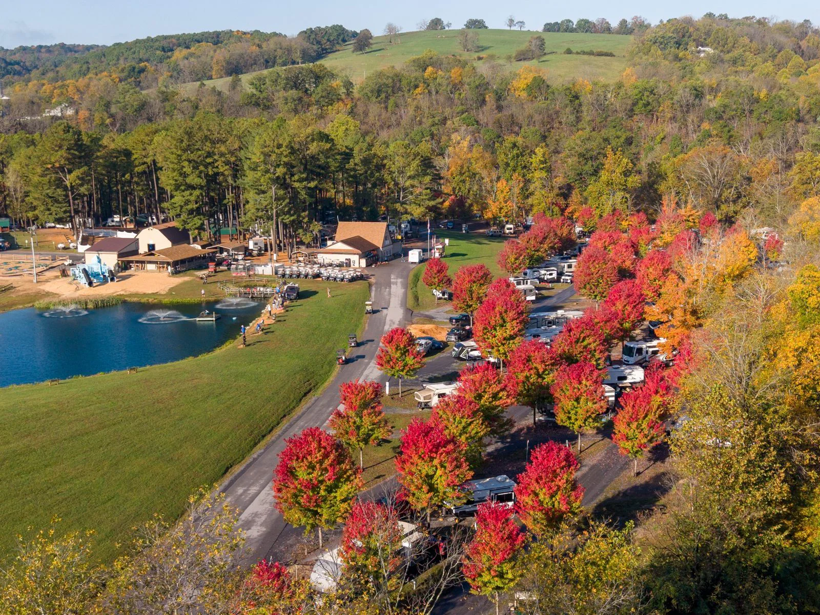 Red maples in October along the RV sites and pond at Shenandoah Valley Campground