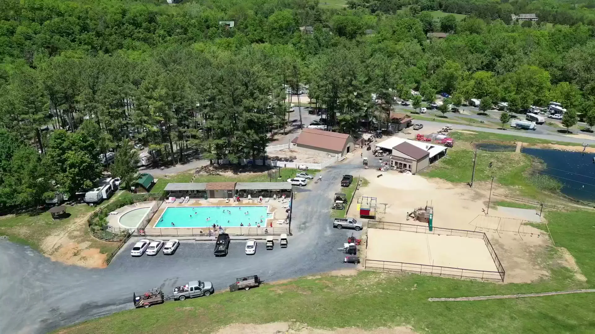 Aerial view of the heated pool, pavilion and campsites at Shenandoah Valley Campground