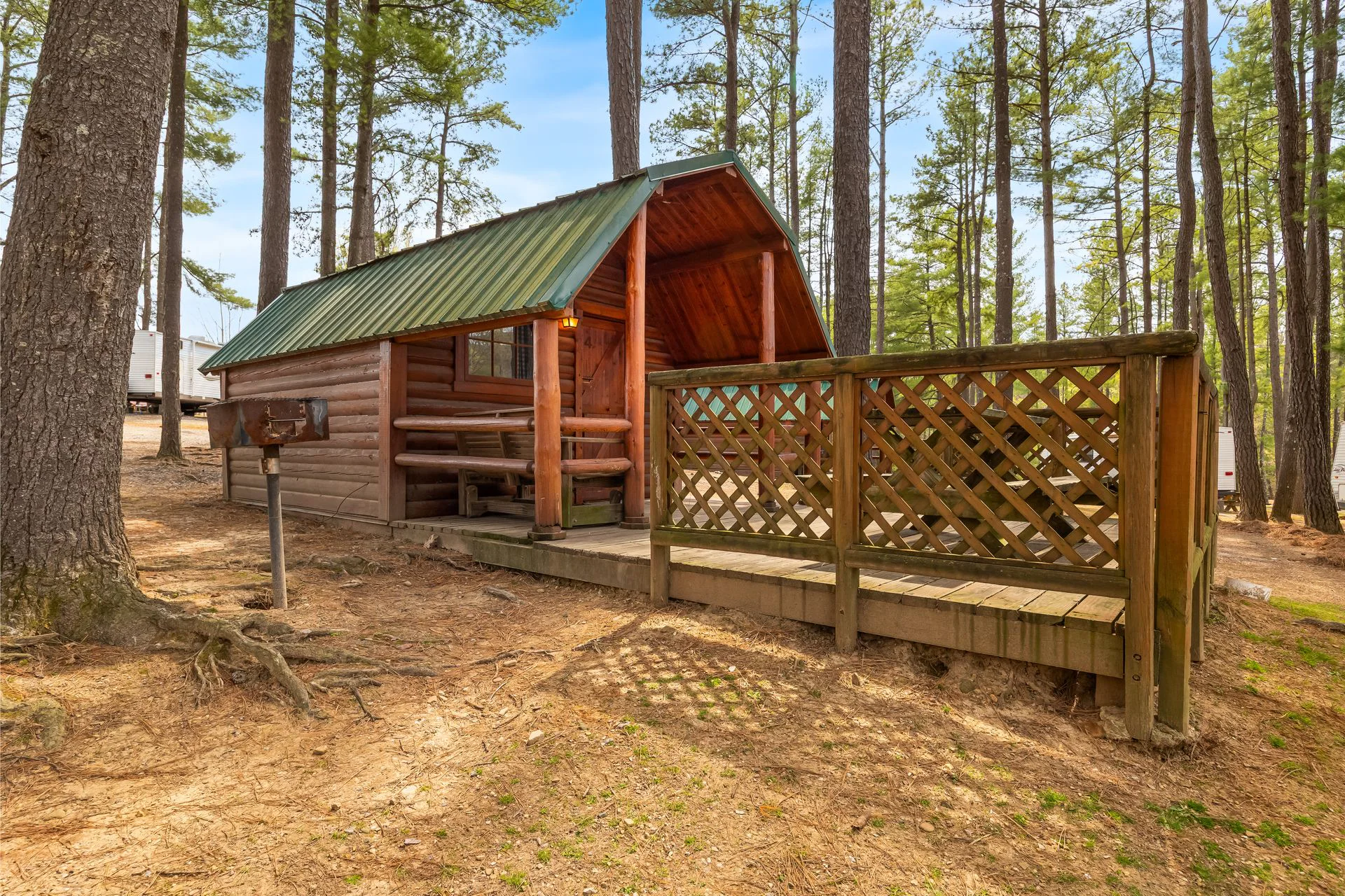 Log camping cabin with a covered porch under tall pines